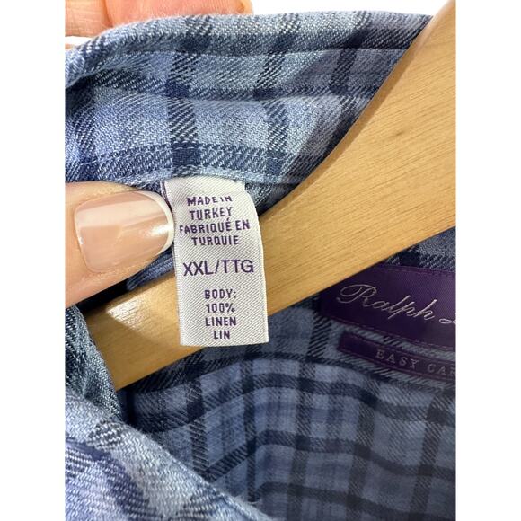 Ralph Lauren Purple Label Easy Care Blue Check Linen Button-Up Shirt Men's XXL - Picture 5 of 6